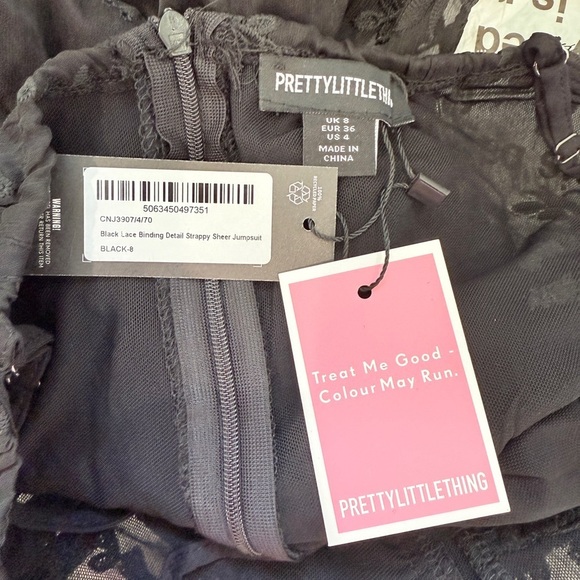 PrettyLittleThing Black Lace Binding Detail Strappy Sheer Jumpsuit - Picture 9 of 10